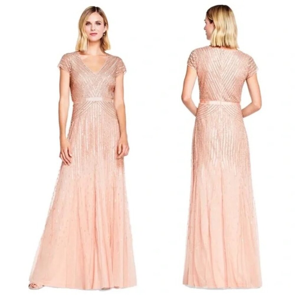 Adrianna Papell Blush Beaded Embellished Gown Dress Size 14